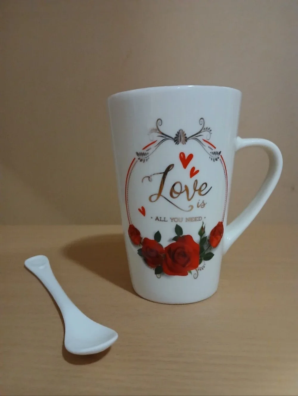Tall White Ceramic Mug with Spoon. Never Used.
